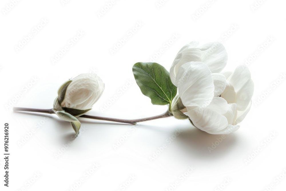Poster a single white flower sitting alone on a white background, ideal for use in branding and design proj