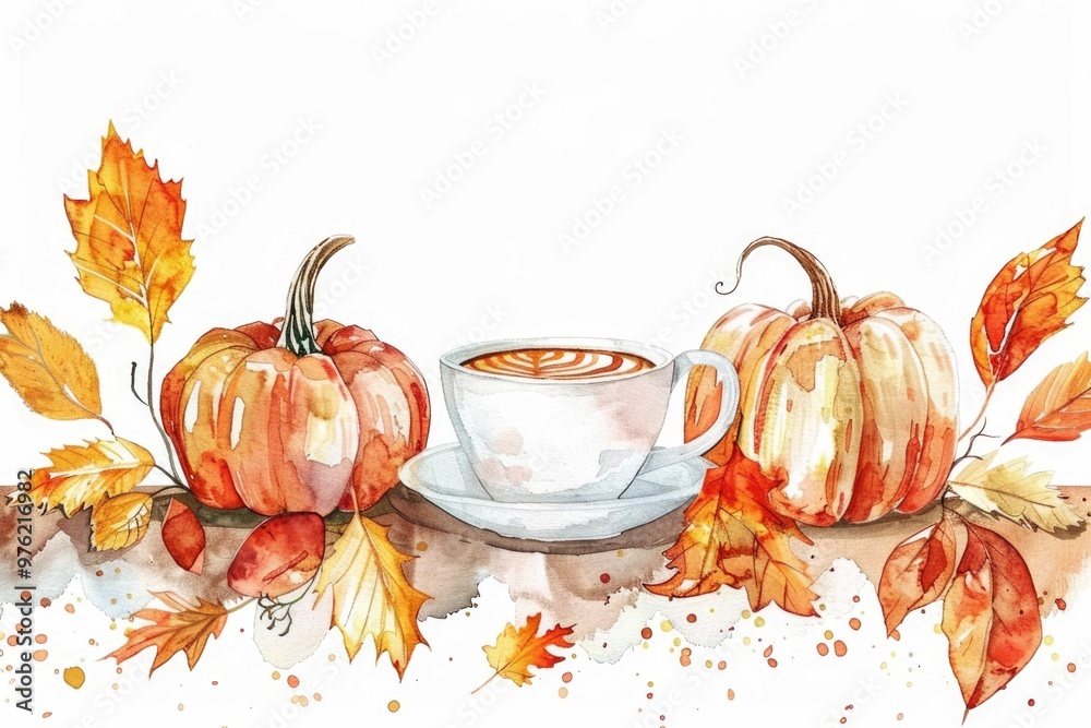 Canvas Prints A watercolor illustration of a cup of coffee surrounded by autumn leaves, perfect for use in designs related to fall seasons and cozy mornings