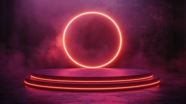 neon circle on a stage with smoke