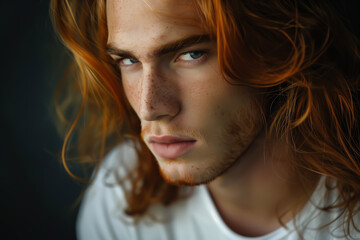 Extreme close-up portrait of a very handsome young man with long red hair, green eyes, freckles, and a white t-shirt - isolated, dark background, copy space