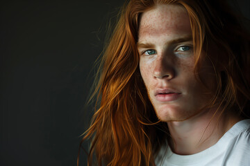 Extreme close-up portrait of a very handsome young man with long red hair, green eyes, freckles, and a white t-shirt - isolated, dark background, copy space