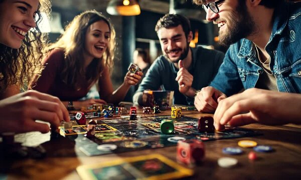 A group of friends playing board games around a table, with a variety of games, capturing the fun and social side of the hobby