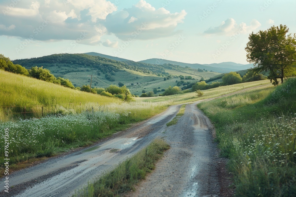 Poster a dirt road running through a green field with a mountain visible in the distance