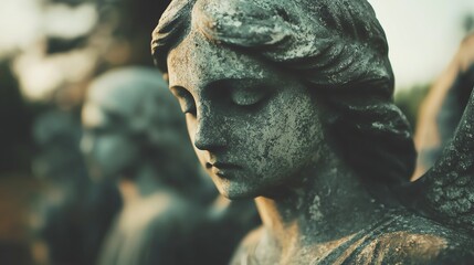 A serene stone angel statue with detailed features, symbolizing peace and remembrance in a tranquil outdoor setting.