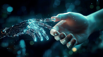 Macro shot of human and robotic fingertips touching, glowing network of data connections, intricate AI technology, futuristic innovation, sharp details
