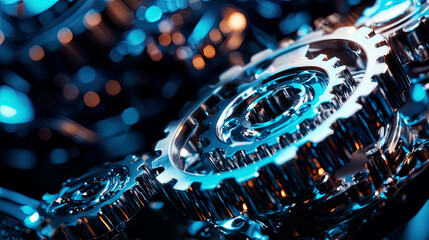 Fototapeta premium Macro shot of intricate robotic joints and gears, glowing blue reflections, sharp lighting, ultra-realistic details