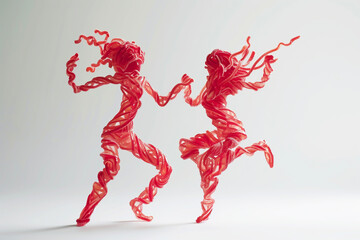 Close-up portrait of red licorice artfully twisted into the shape of people dancing - isolated, grey background, copy space