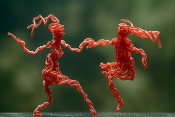 Close-up portrait of red licorice artfully twisted into the shape of people dancing - isolated, green background, copy space