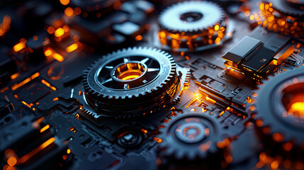 Macro shot of robotic gears rotating smoothly, glowing industrial lights, ultra-realistic metallic textures