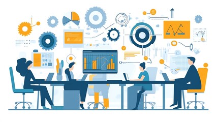 Businesspeople working in an office with data visualizations on the walls.