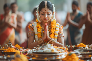 An Indian woman engaged in the preparation of food offerings for Pitru Paksha ritual