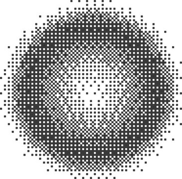 Bitmap pixel arcade game effect. Circle with bit pattern texture. Round y2k halftone element. Aesthetic globe with dither gradient. 2000s noisy illustration