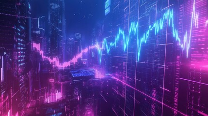 Abstract cityscape with digital glowing lines and data flow representing growth and technology.