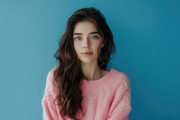 Fototapeta premium A woman poses for a photo wearing a bright pink sweater, ready for the camera