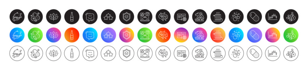 Radiator, Vitamin b6 and Add team line icons. Round icon gradient buttons. Pack of Beer bottle, Smile face, Organic tested icon. Ranking stars, Internet book, Candlestick graph pictogram. Vector