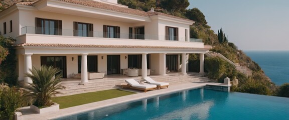 A beautiful white house with a refreshing pool in front