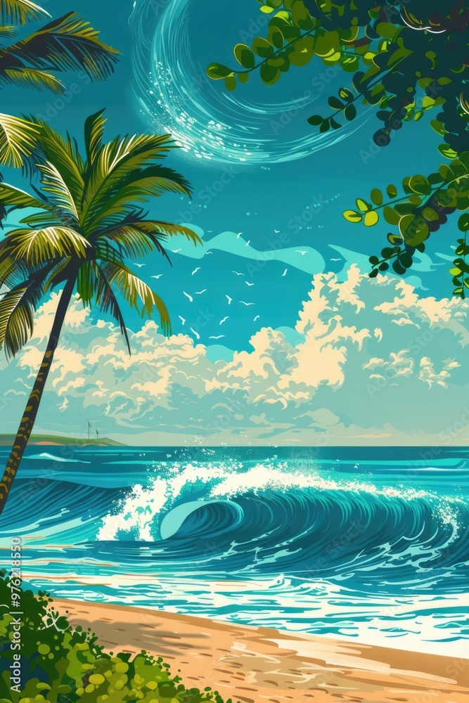 Poster coastal landscape with palm trees and ocean waves
