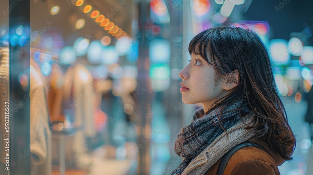 Aufkleber a person stands outside a store window looking at products on display