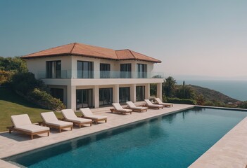 Fototapeta premium A beautiful white house with a refreshing pool in front