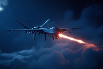 Naklejka premium Drone in night sky, firing missile, dark clouds, aerial view, military technology, futuristic warfare concept