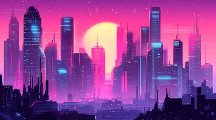 A colorful retro-futuristic cityscape silhouette under a pink and purple sky.