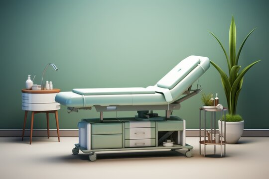 a medical examination table in a room with green walls