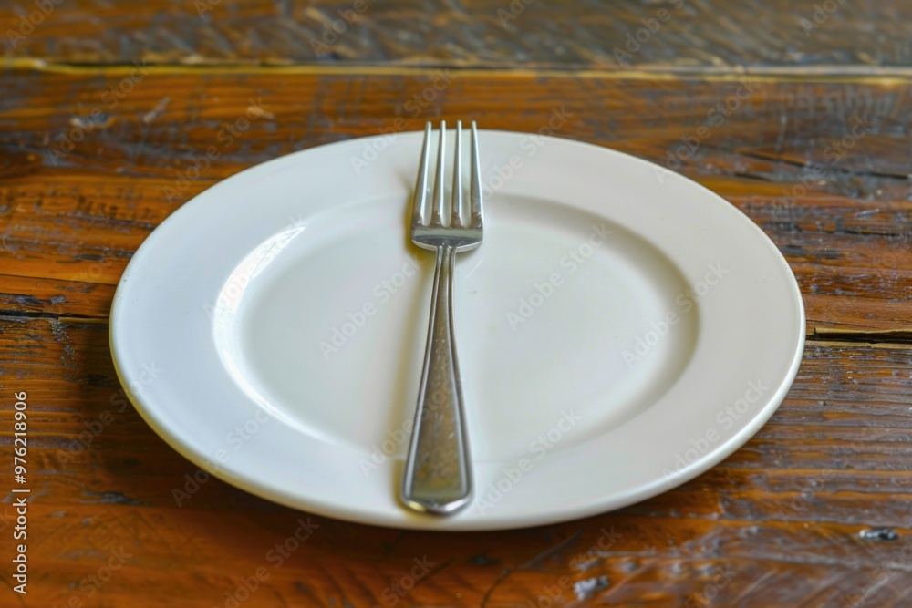 Poster a simple table setting with a white plate and two utensils, perfect for everyday meals or special oc