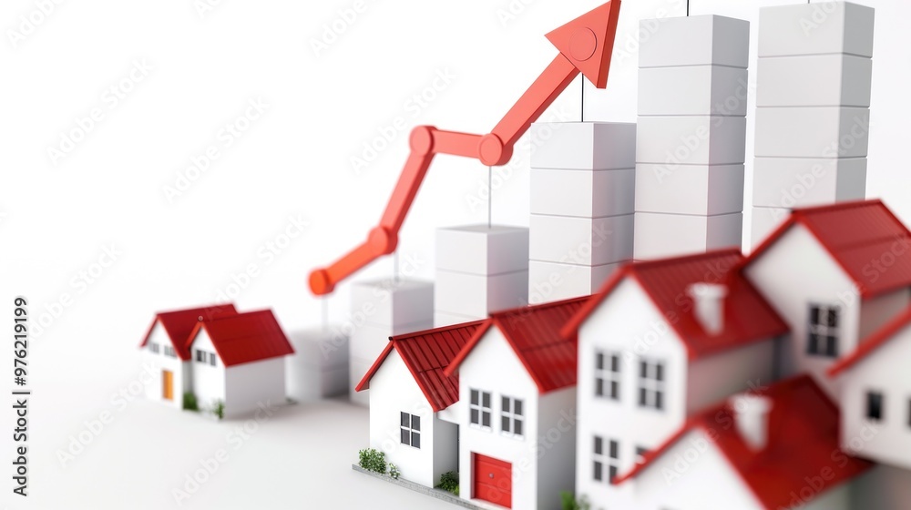 Poster A row of houses with a red arrow pointing upwards, possibly indicating direction or guidance