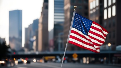 Patriotic American Flag Waving Before City Skyline at Dusk - Symbol of Freedom and Democracy