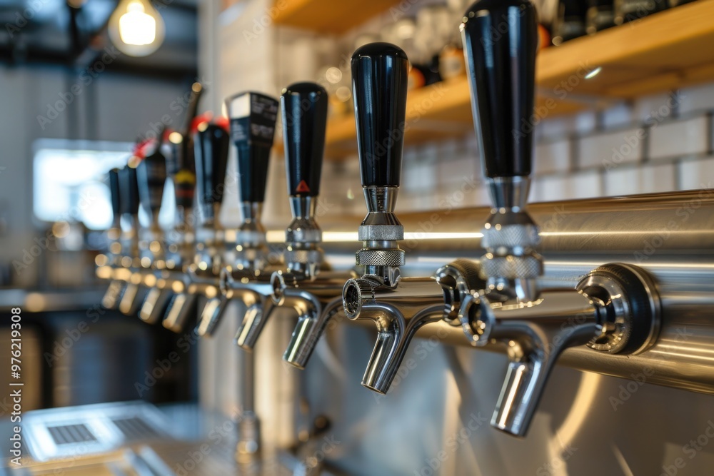 Poster Row of beer taps in a modern bar setting