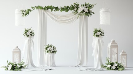 A beautiful collection of wedding decorations with drapes, floral arches, and lanterns