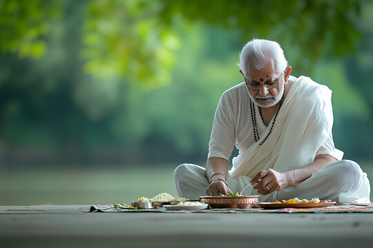 An elderly Indian priest preparing food offerings for Pitru Paksha ritual as ancestral worship.