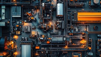 Overhead shot of an intelligent factory featuring smart robots and robotic vision sensors, illustrating the seamless integration of Industry 4.0 technology in the manufacturing process
