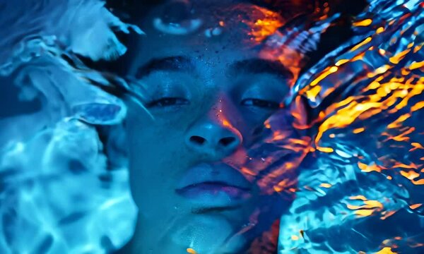 Youth explores underwater reflections in vibrant blue and orange hues in serene pool