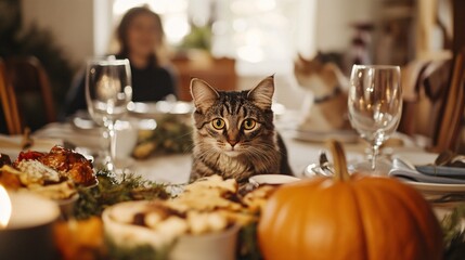 Naklejka premium Beloved Family Pet Waiting by Thanksgiving Table for Feast with Loved Ones