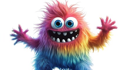 Obraz premium A colorful, friendly monster with big blue eyes and a wide smile waves hello.
