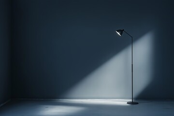 Modern floor lamp illuminating dark empty room, with spotlight creating moody atmosphere, emphasizing minimalistic design concept