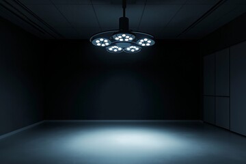 Surgical lights in dark operating room, medical equipment, surgical suite, sterile environment, patient care, hospital setting, healthcare, examination, surgery concept