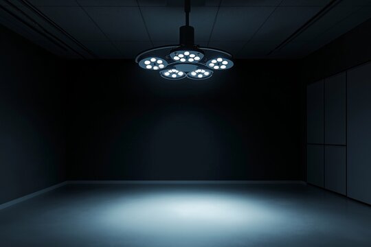 Surgical lights in dark operating room, medical equipment, surgical suite, sterile environment, patient care, hospital setting, healthcare, examination, surgery concept