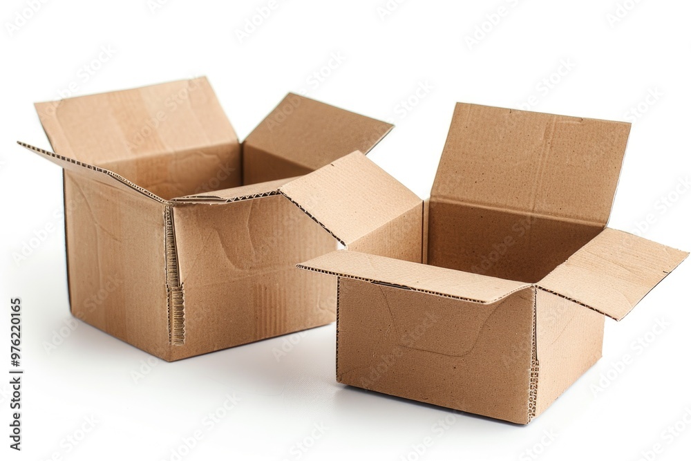 Poster two empty cardboard boxes sit side by side on a white surface, awaiting contents