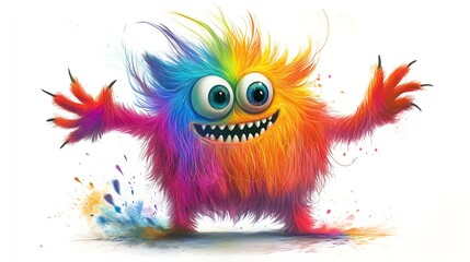 Fototapeta premium A colorful, fluffy monster with big eyes smiles playfully.