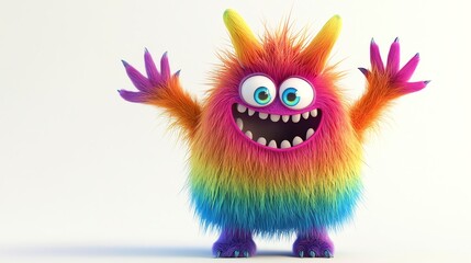 Naklejka premium A rainbow furry monster with big eyes and a wide smile.
