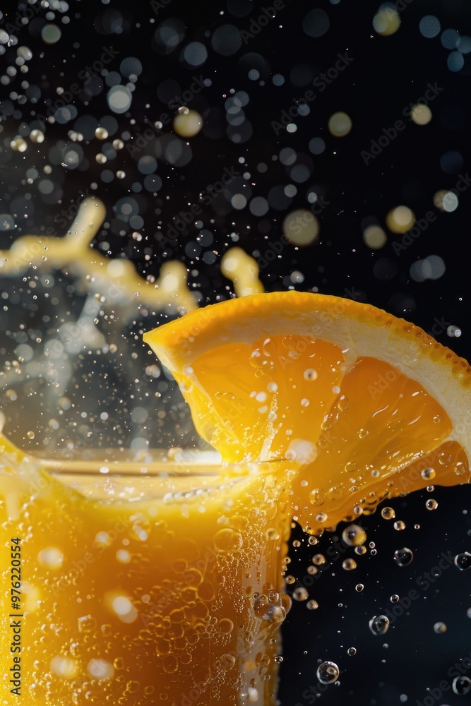 Poster a single orange slice falls into a glass of clear water, creating a splash and ripples