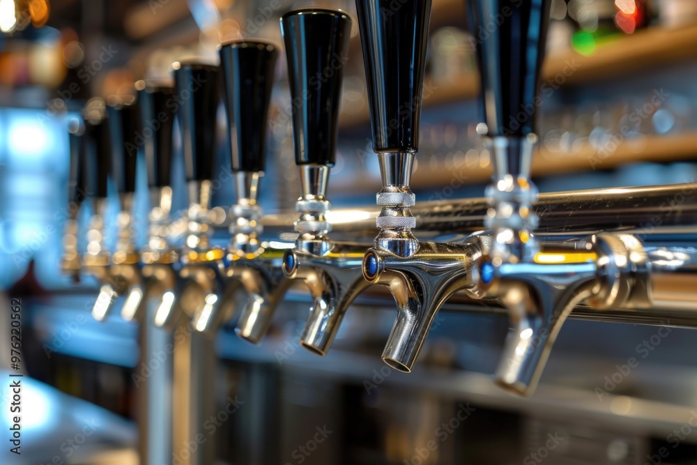 Poster row of beer taps in a bar
