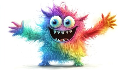 Obraz premium Smiling rainbow monster with big eyes and teeth, isolated on white.