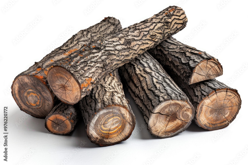 Poster a stack of wooden planks or logs resting on a clean, white background