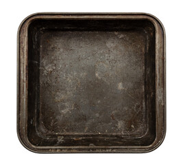 Rusty baking tray on white background. Isolate metal baking dish