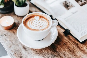 Cozy morning ambiance with cappuccino and open book