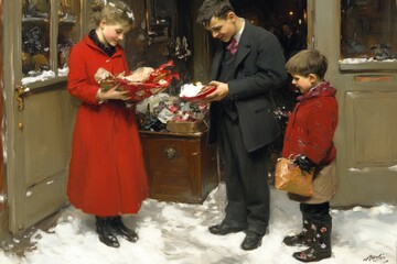 Obraz premium Victorian christmas: children exchanging gifts on a snowy evening