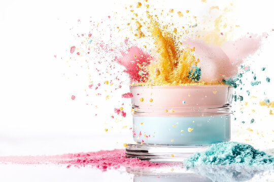 Brightly colored powders burst from a clear jar, creating a striking visual effect against a white backdrop. The energetic splashes of color suggest creativity and dynamic movement